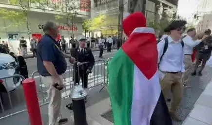 Пожарного засняли на видео во время словесной перепалки с пропалестинским активистом в костюме Элмо у мемориала 9/11